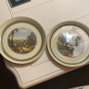 Elegant Vintage Scenic Dessert Plates with Gold Trim